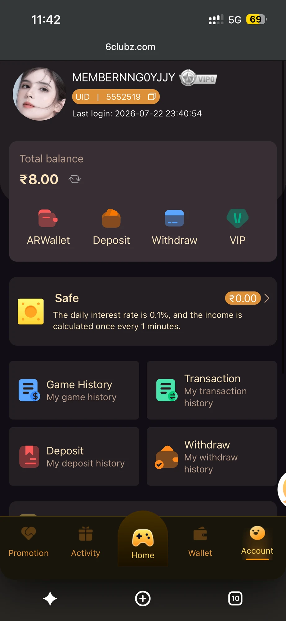 6 Club account overview showing UID, VIP tier and total wallet balance