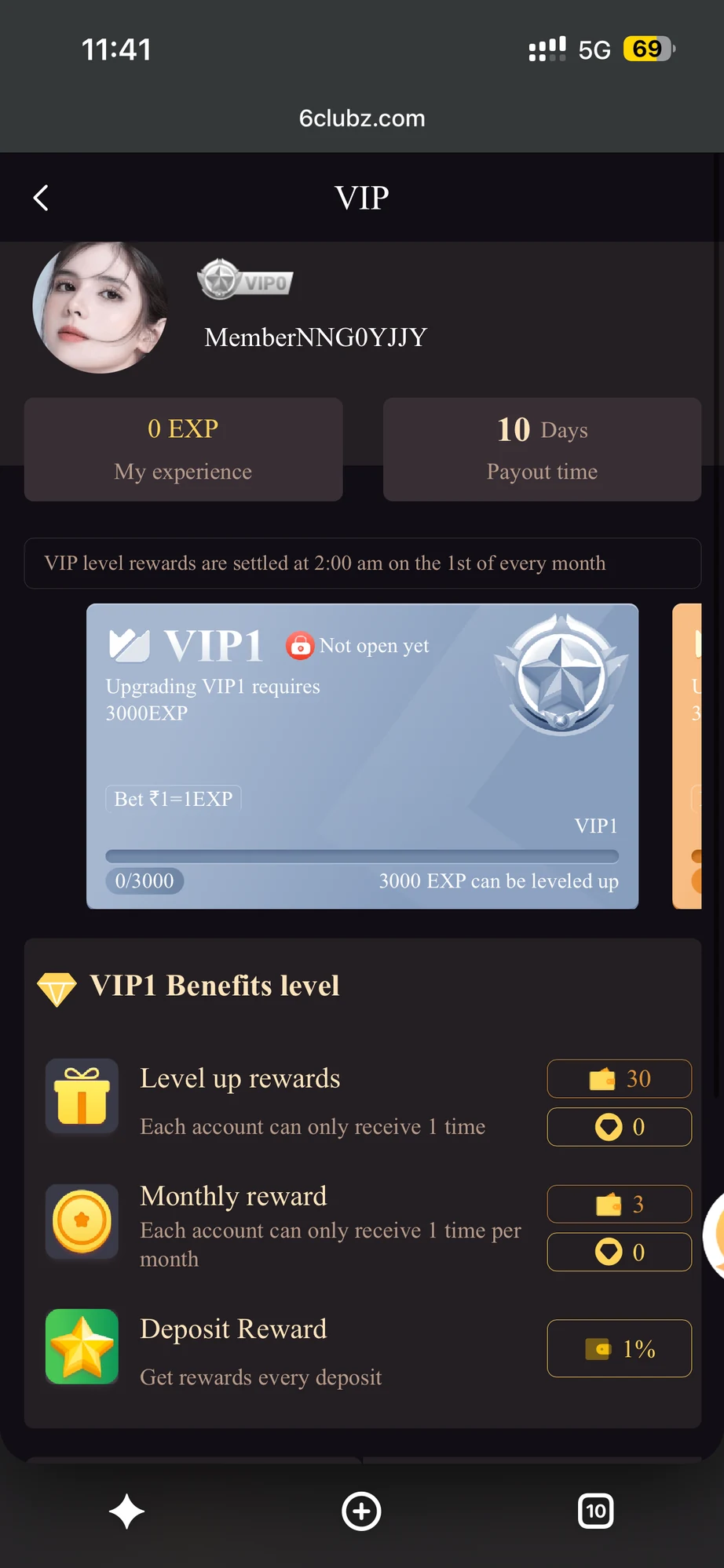 6 Club VIP tier progress and benefits screen